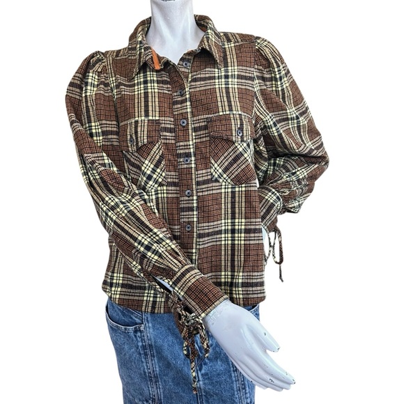 Free People We The Free Sun City Brown Yellow Puff Sleeve Plaid Button Up Small - Picture 1 of 11